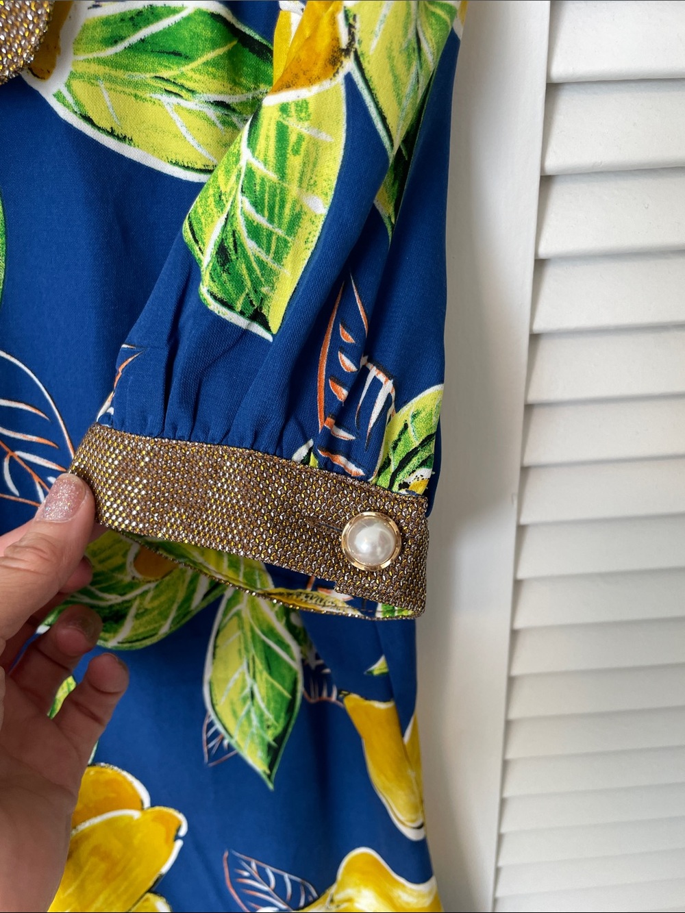 The Moon Blue Lemon-Print Short Sleeve Blouse with Metallic Trim - Picture 5 of 8